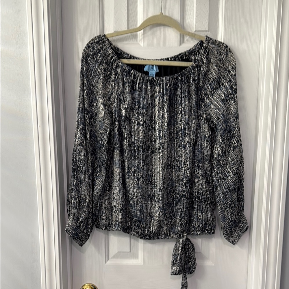 CeCe Black, Blue and White Tie Front Long Sleeve Blouse